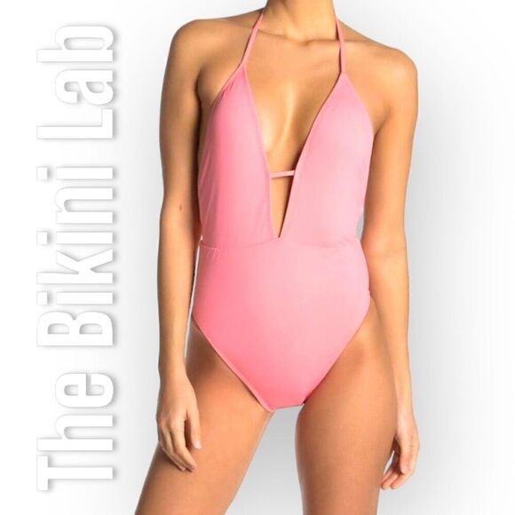 The Bikini Lab Rack Solid Plunge Shirred Booty One-Piece Halter Women’s Medium - Picture 11 of 12